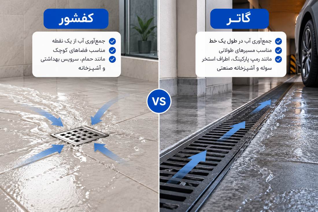مقایسه گاتر و کفشور در نحوه جمع آوری آب